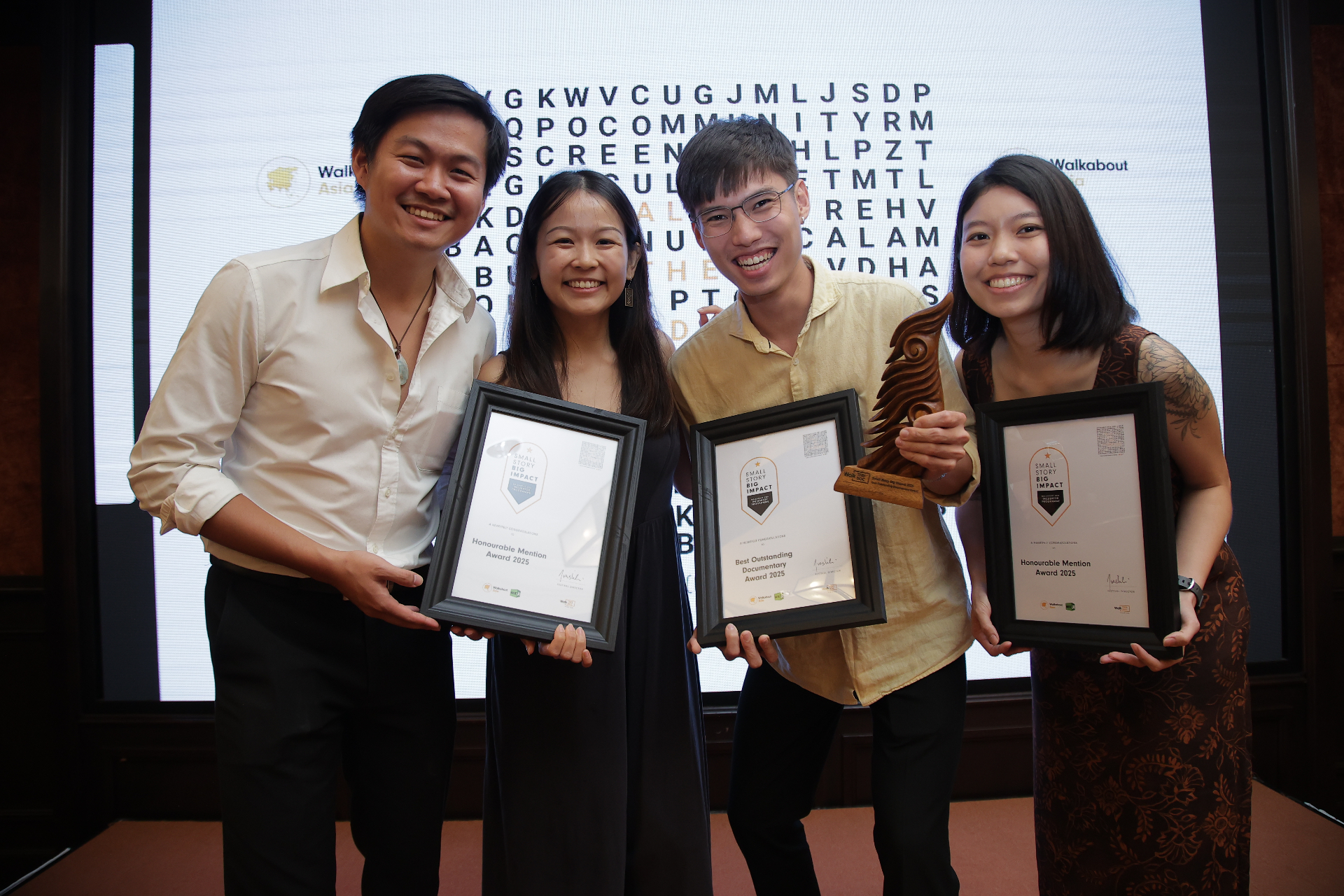 SSBI 2025 award recipients — Agnes Yap Jen Nie and Matthew Tan (Honourable Mentions) flanking Bernard Lim (Best Outstanding Documentary, Old Leaves) and Cadence Cheah.